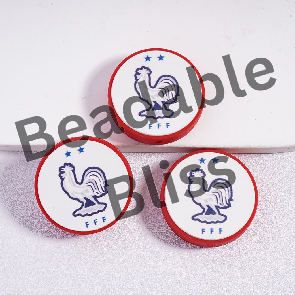 Silicone Focal Beads France Football Soccer Team, Flat Round Shape