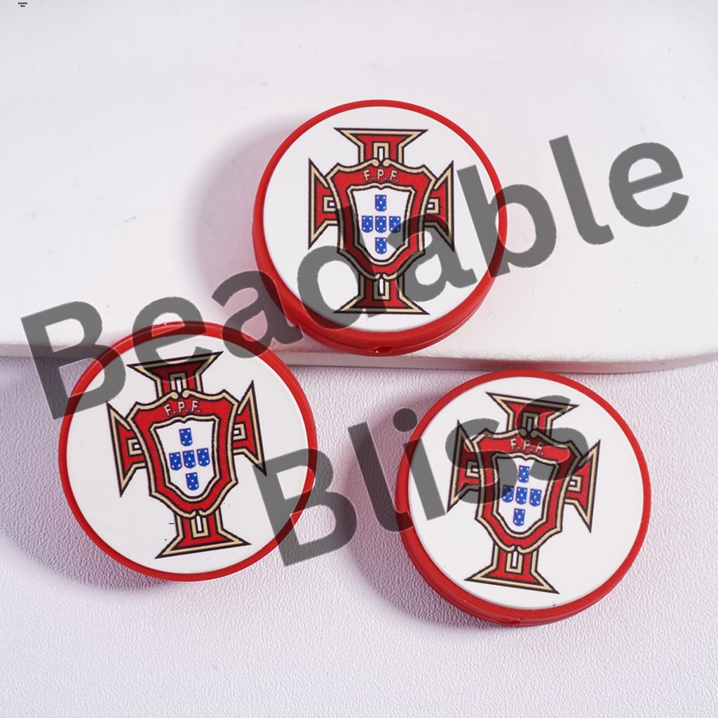 Silicone Focal Beads Portugal Football Soccer Team, Flat Round Shape