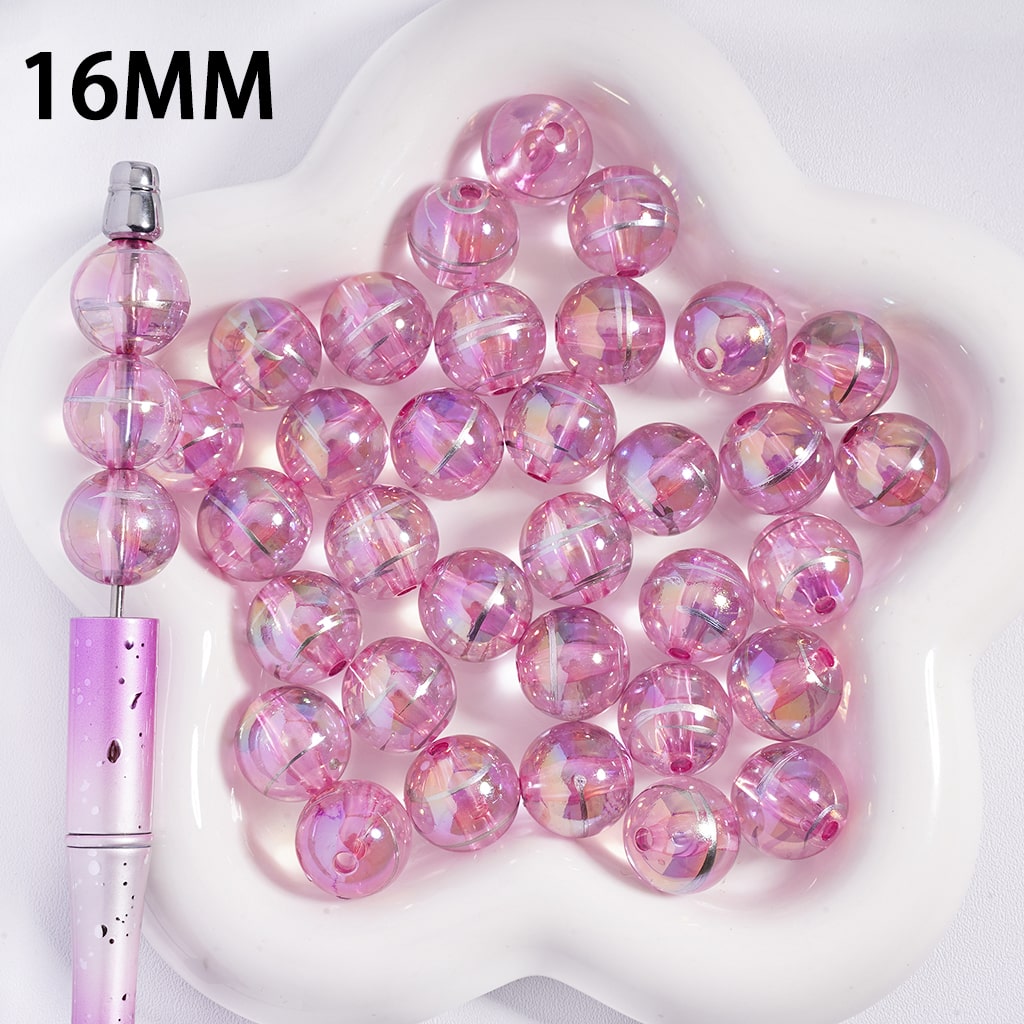 アクリルラウンドビーズ、ストライプ入り透明アクリルビーズミックス、16mm
