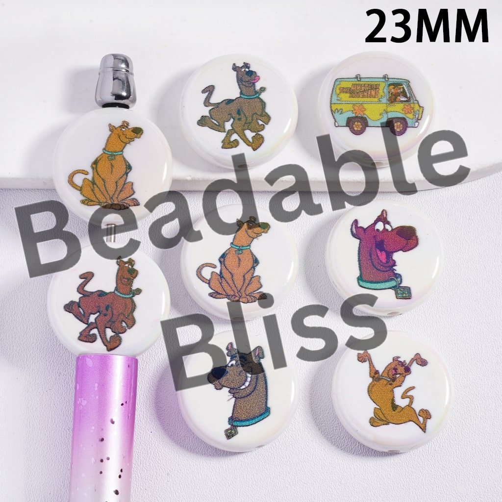 Acrylic Beads UV Coating with Silly Dog Character Series, 23MM, Flat Round Shape, Random Mix