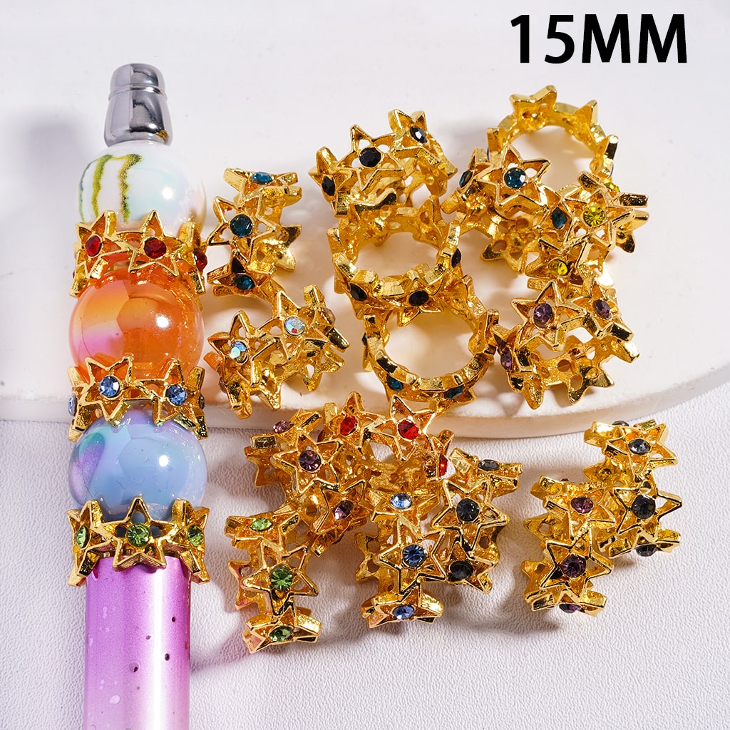 Gold Metal Bead Cages Five-Pointed Star Frame with Rhinestone, Alloy Bead Cap, 15MM, Multi-Color, Random Mix (They Fit 16MM Beads)