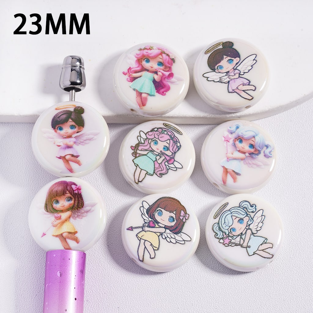 Set of cartoon character badge reels on a white background with '23MM' text.