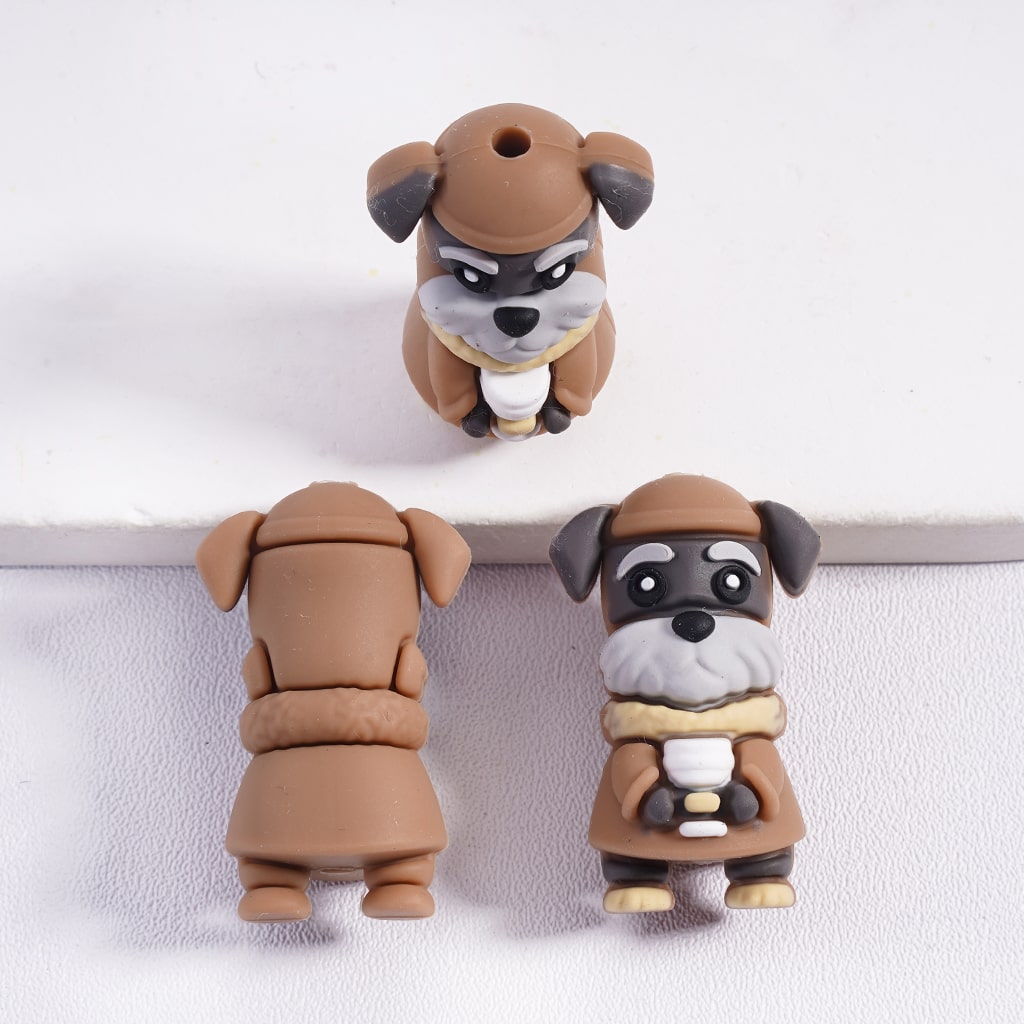 Silicone Focal Beads 3D Schnauzer Dog with Brown Hat and Clothes Holding Coffee Cup