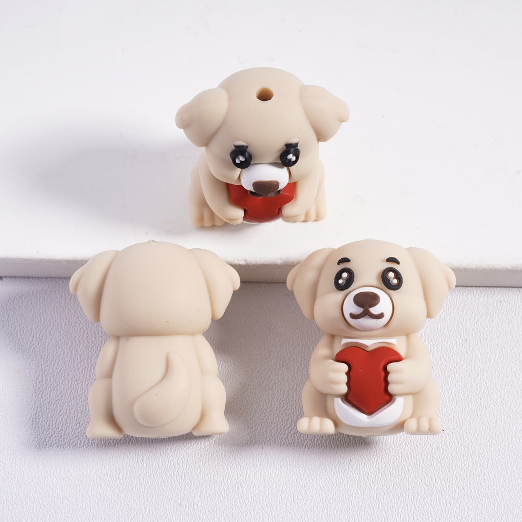 Silicone Focal Beads 3D Lovely Dog Holding Red Heart, Multi-Color