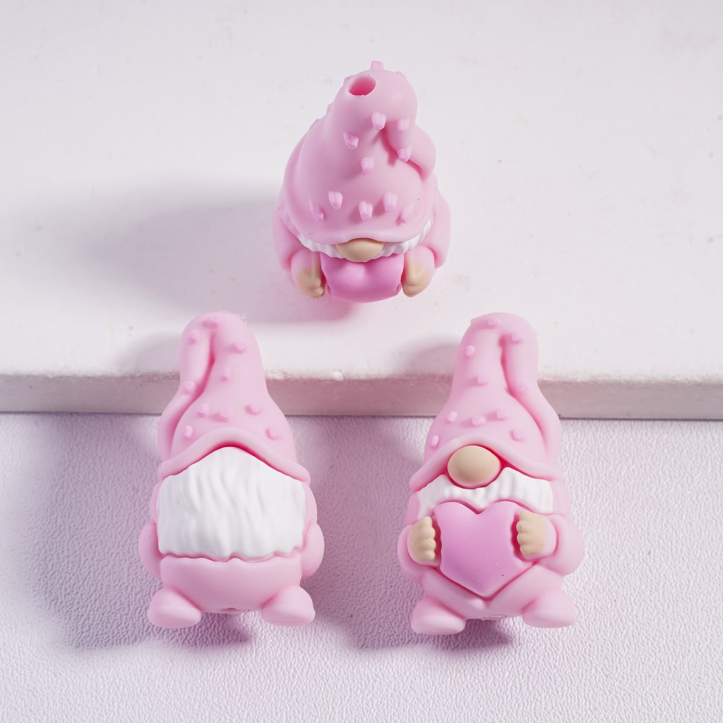 Silicone Focal Beads 3D Gnome Elf Holding Pink Heart, Multi-Color