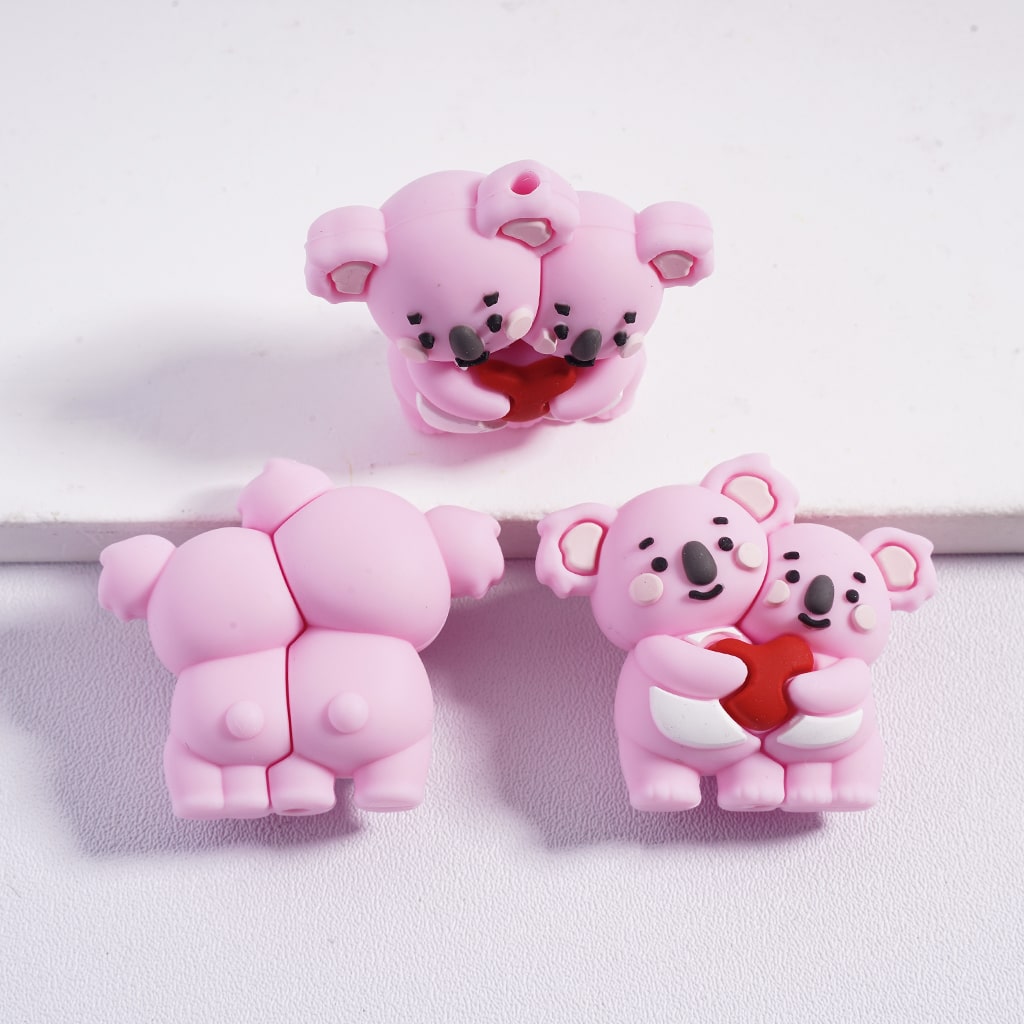 Silicone Focal Beads 3D Double Koala Holding Red Heart, Multi-Color