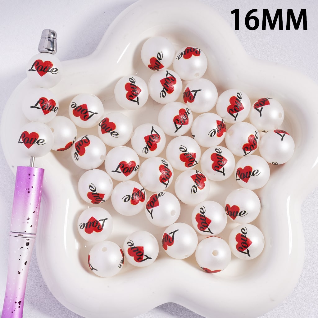 Acrylic Beads for Bracelets with Text "Love" on Red Heart Valentine's Day, 16MM