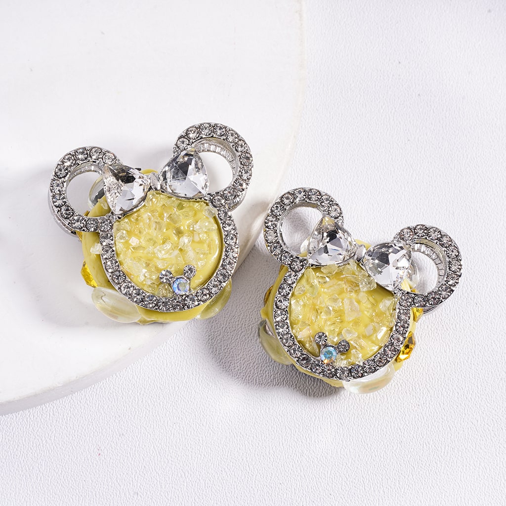 キラキラ輝くファンシーシルバー合金マウスヘッドリボン、クリア&カラフルなラインストーン粘土ビーズ付き、約30×27MM