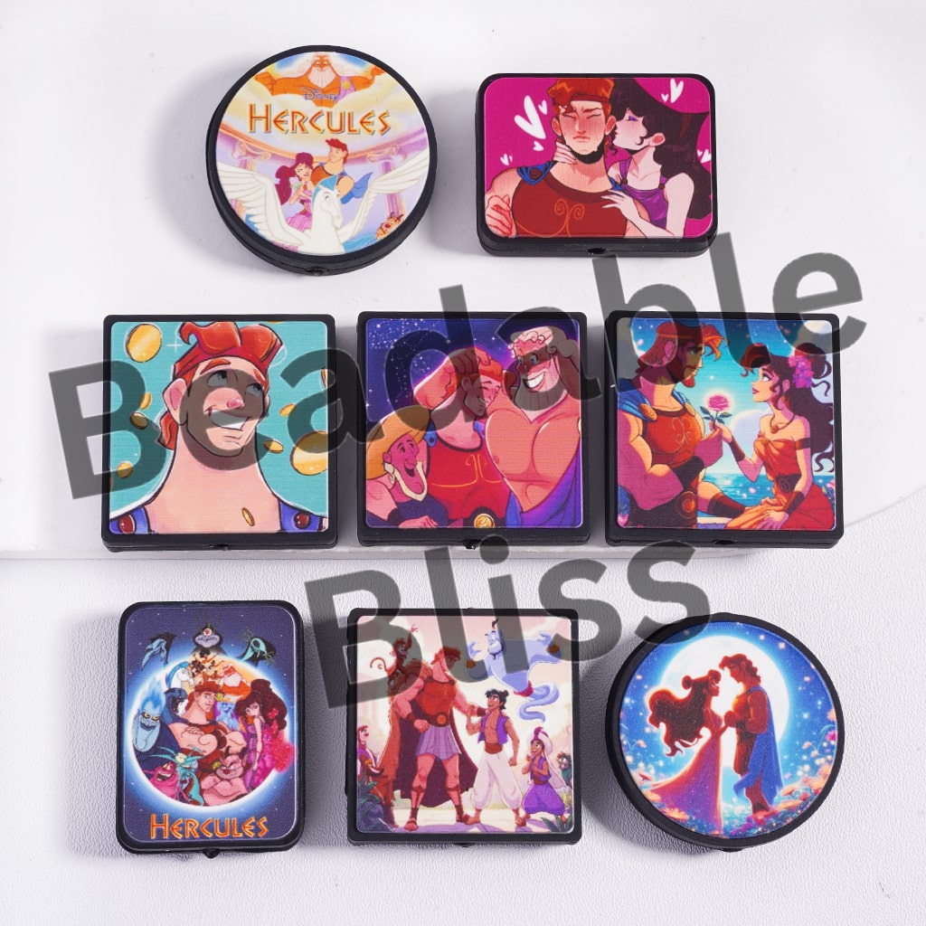 Set of 'Hercules' themed compact mirrors on a white background
