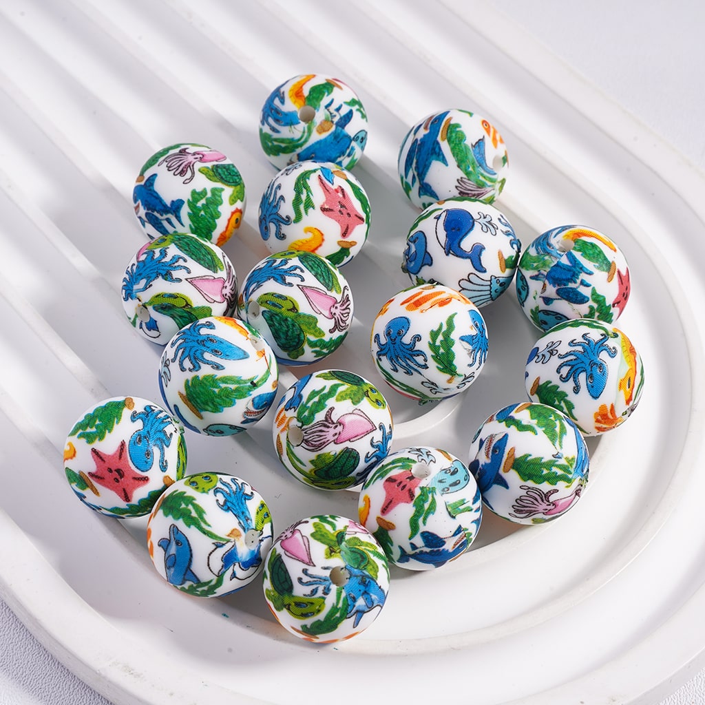 Printed Silicone Beads Soft Round with Marine Organism Series Prints, 15MM
