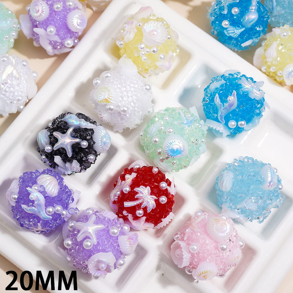 Sugar Acrylic Beads w UV Coated Seashell and Starfish in Ocean Theme, White Pearls, Multi-Color, Random Mix