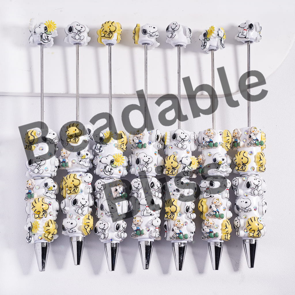 Beadable Clay Pens with Beagle Dog and Boy Character in Yellow-White Series, AB Rhinestone