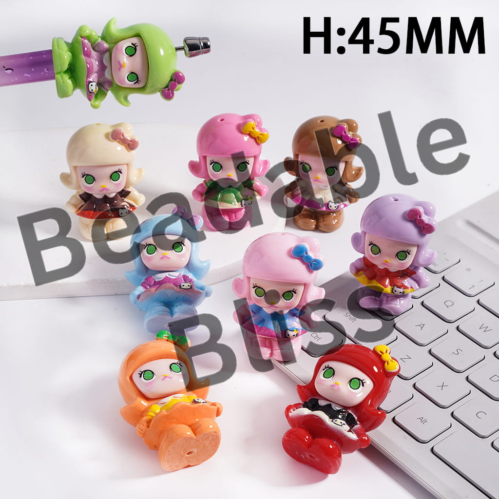 Acrylic Beads Baby Girl Doll Series with Various Colors Bowtie and Skirt, Height 45MM, Random Mix