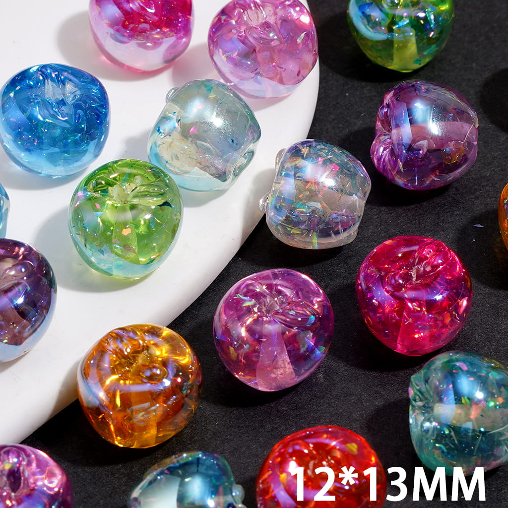 UV Coated Transparent Apple Shaped Acrylic Beads with Sequins, 12*13MM, Random Mix