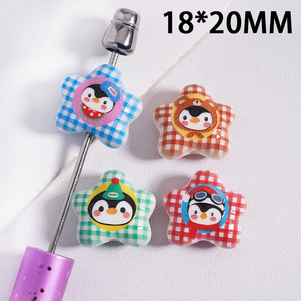 Acrylic Beads Five-Pointed Star with Checkered and Penguin Patterns, 18*20MM, Multi-Color, Random Mix