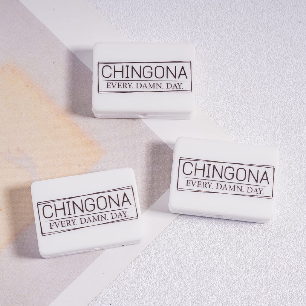 Silicone Focal Beads with Text "CHINGONA EVERY. DAMA. DAY." on White Background, Flat Rectangle Shape