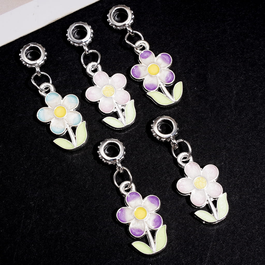 Silver Metal Bail Beads, Charm Pendant Glittery Five-Petaled Flower Series, Multi-Color, Random Mix