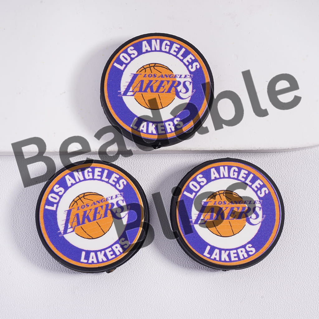 Silicone Focal Beads Los Angeles Basketball Team, Flat Round Shape