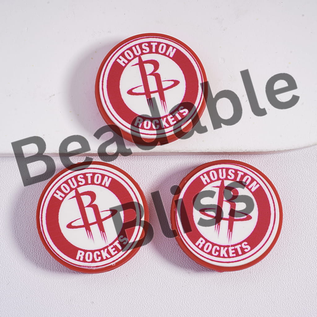Silicone Focal Beads Houston Basketball Team, Flat Round Shape