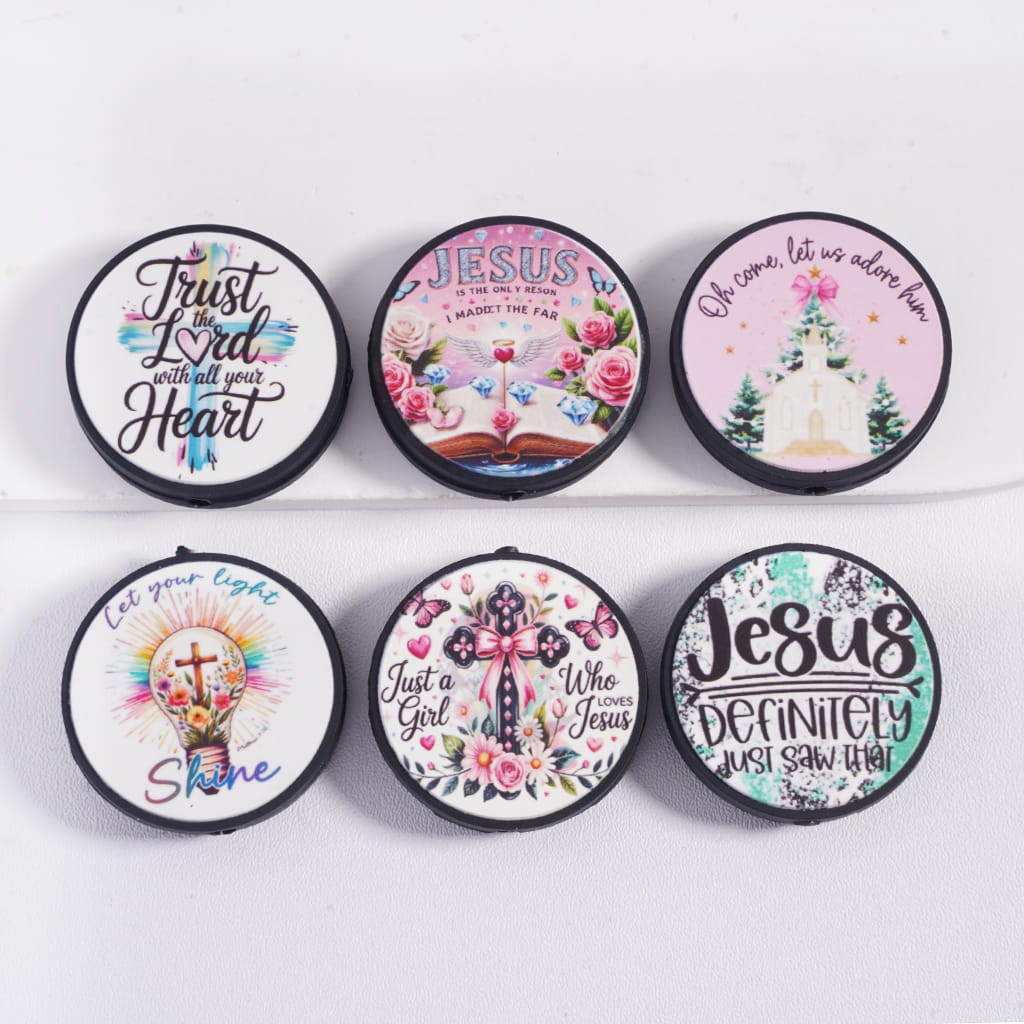 Silicone Focal Beads Religion Christianity Jesus Series, Flat Round Shape, Random Mix
