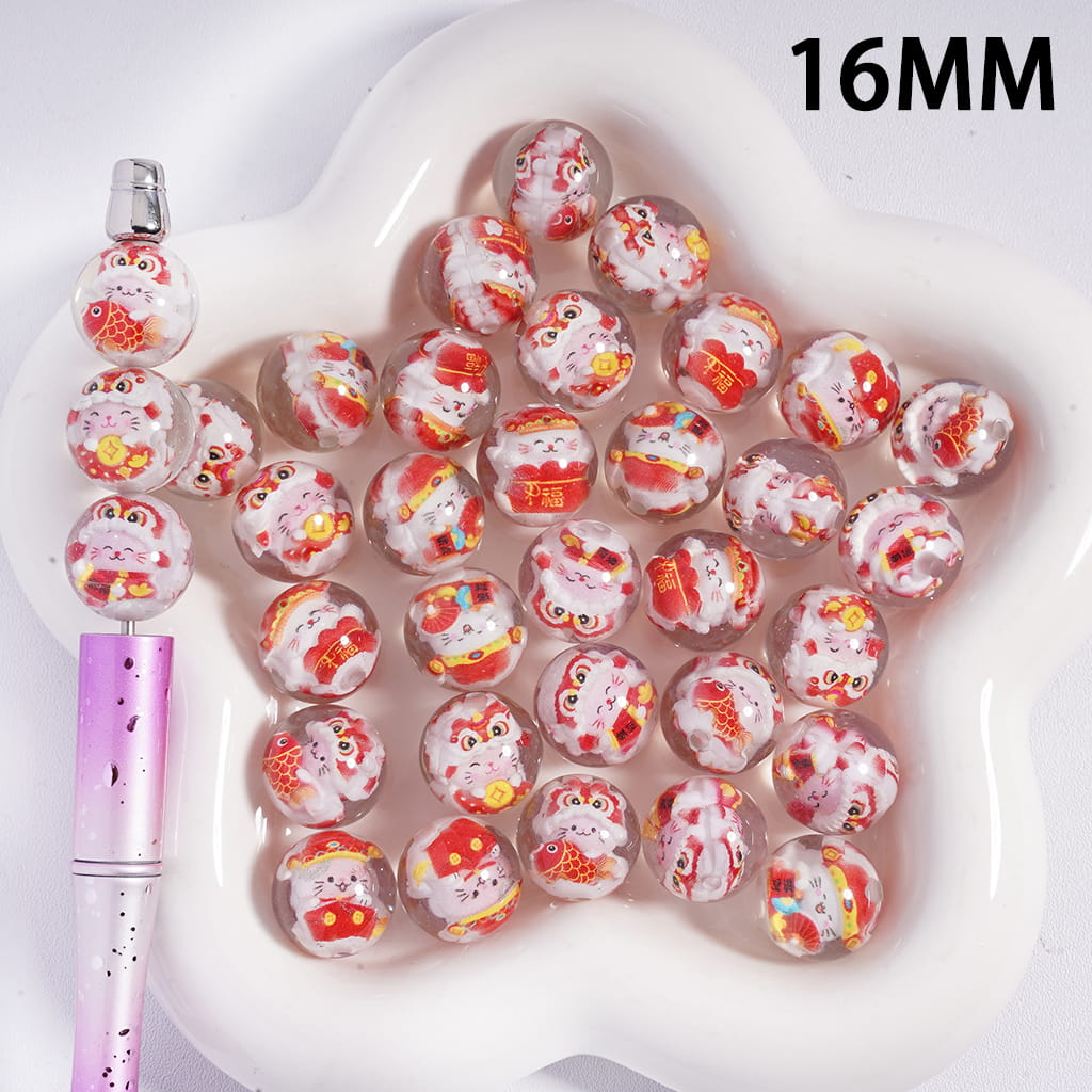Acrylic Beads for Bracelets with Two Cute Fortune-Beckoning Cat Series, Semi-Clear, 16MM, Random Mix