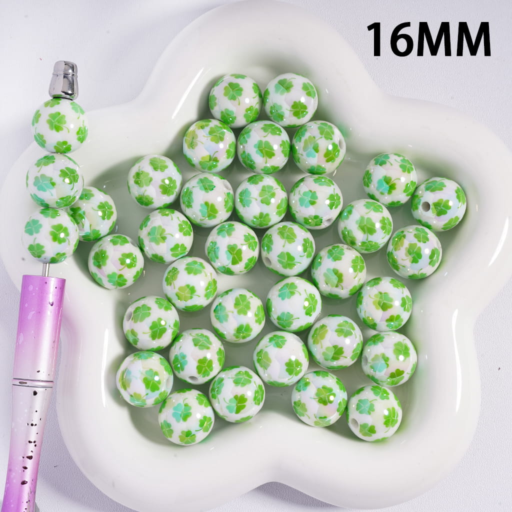 Acrylic Beads for Bracelets with Four Leaf Clover St. Patrick's Day, 16MM