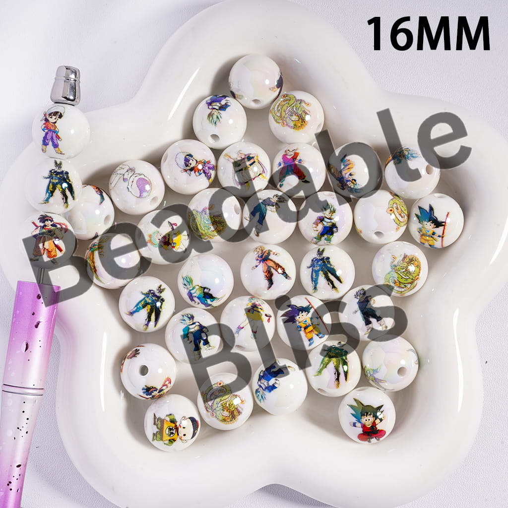 Acrylic Beads for Bracelets UV Coating Kung Fu Animation Series, 16MM, Random Mix