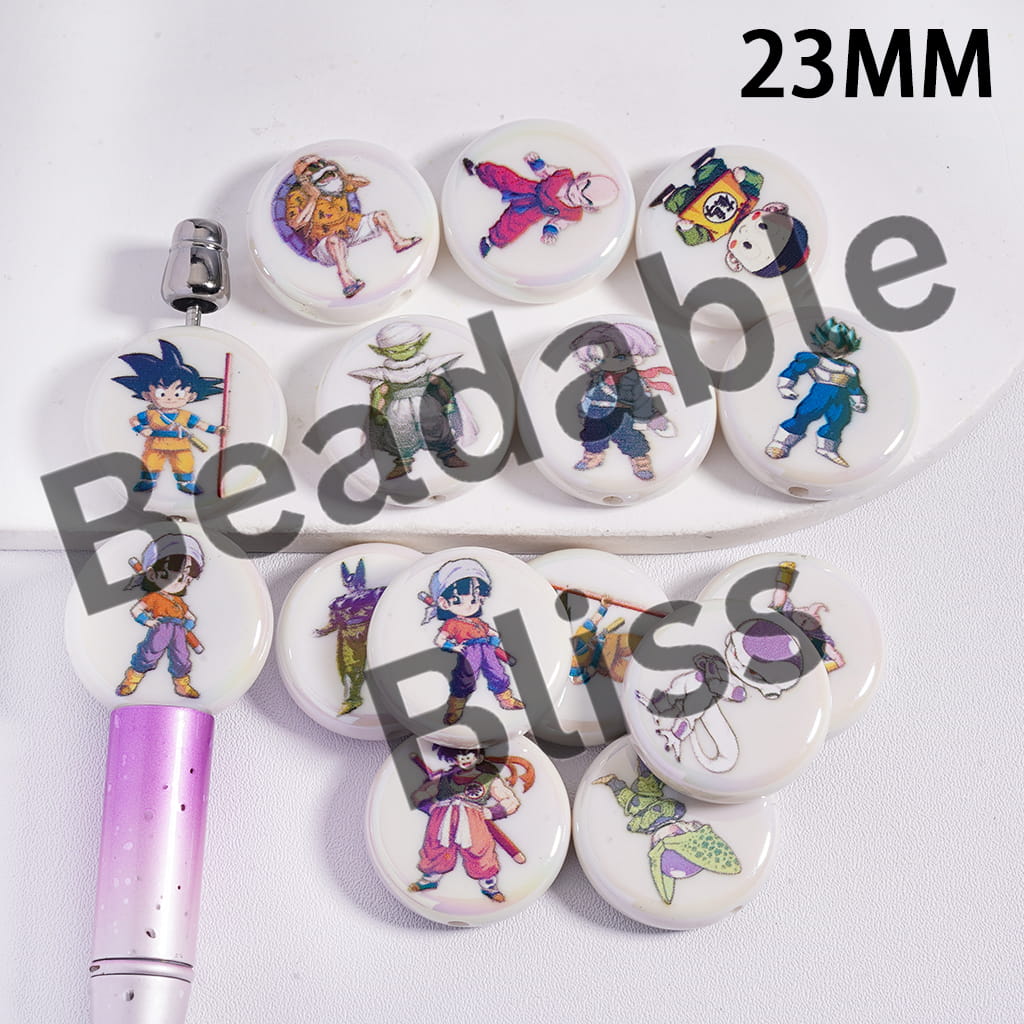 Acrylic Beads UV Coating Kung Fu Animation Series, 23MM, Flat Round Shape, Random Mix