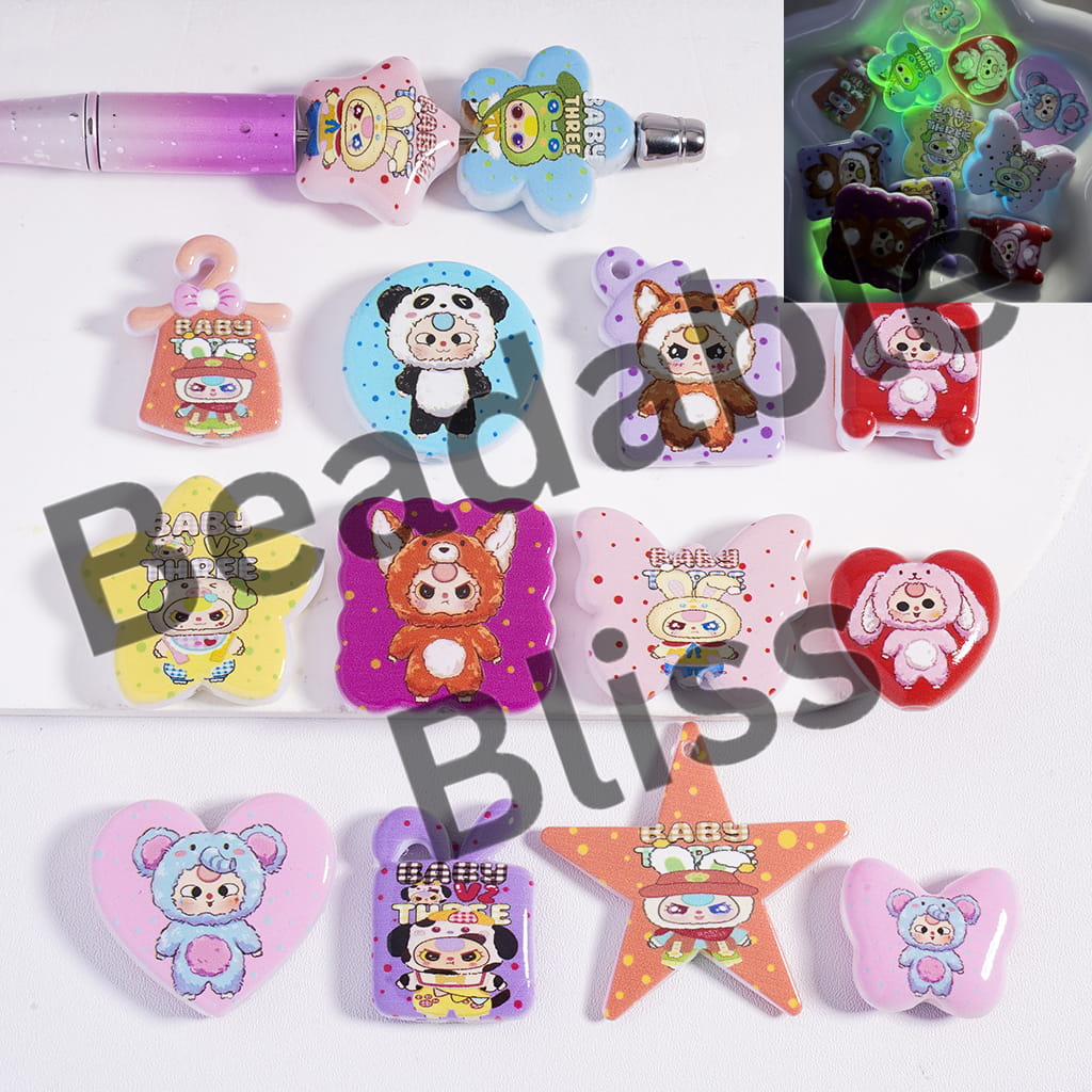 Acrylic Beads Luminous Three Years Baby Doll Prints Series in Various Shapes, Random Mix
