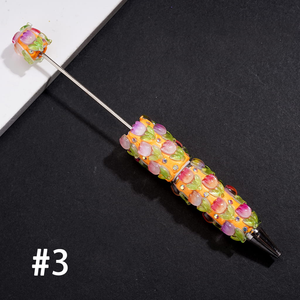 Fluorescent Clay Beadable Pen with Tulip Flower & Leaves, AB Rhinestones, Multi-Color