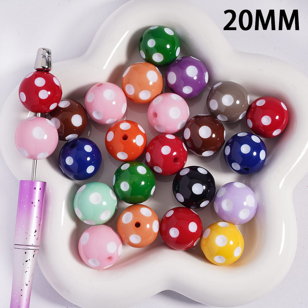 Acrylic Beads Concavo-Convex Ball with White Polka Dots, 20MM, Multi-Color, Random Mix
