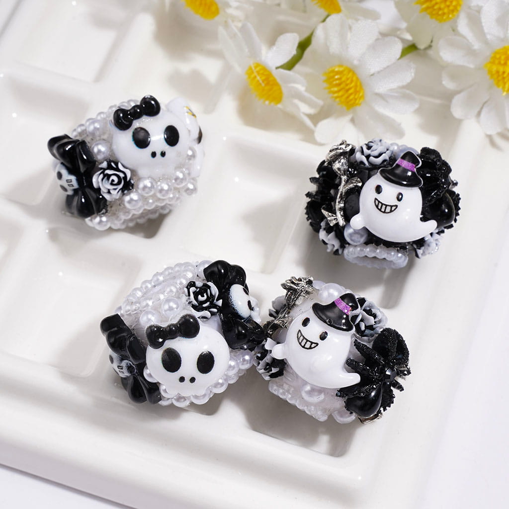 Halloween Black Flowers White Spooky Pearls Acrylic Beads, 23MM, Random Mix