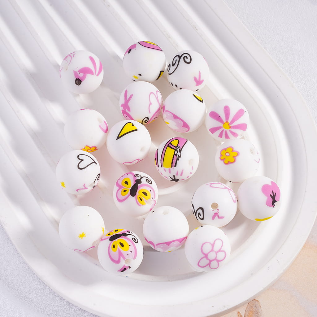 ピンクの花柄シリコン ビーズ 番号 382