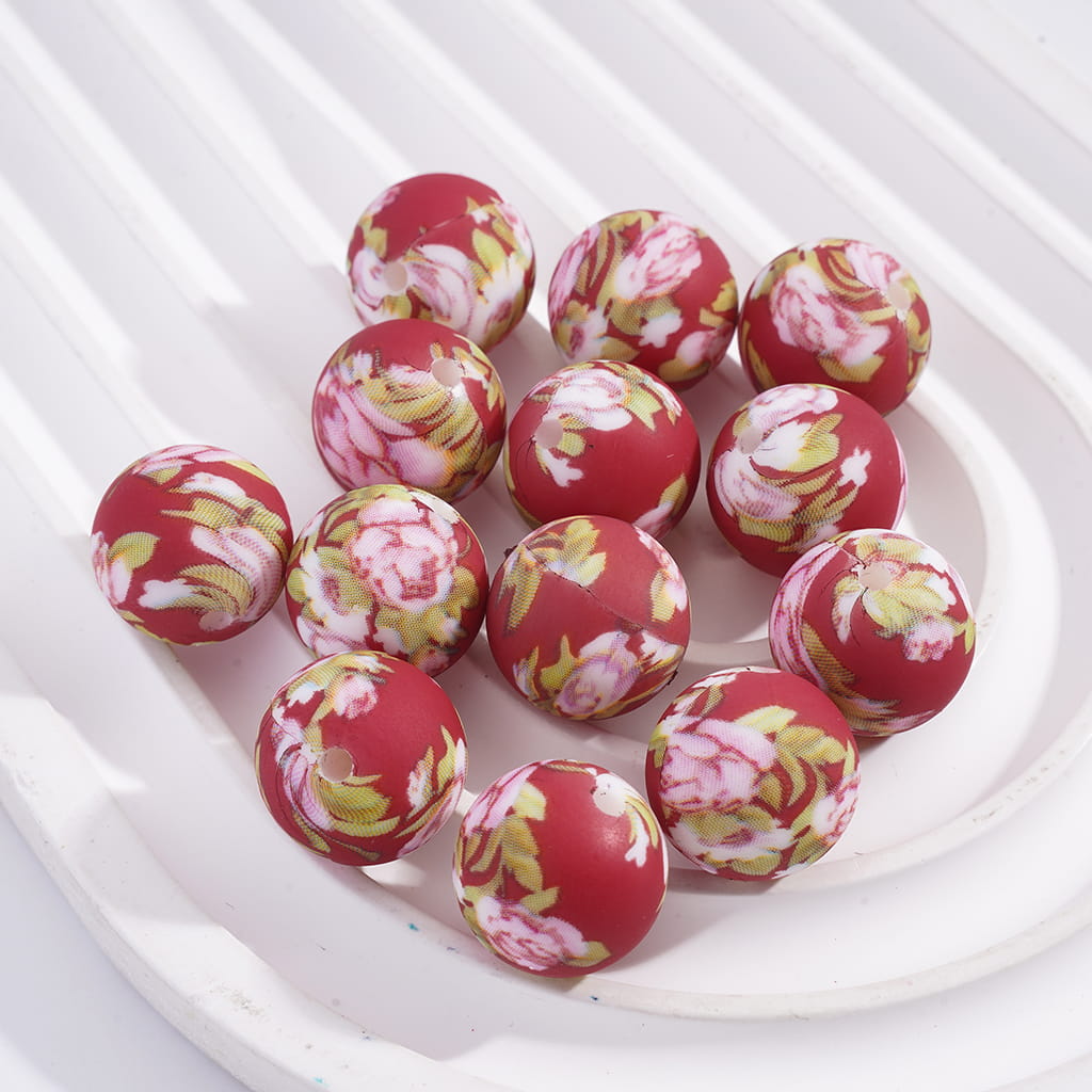 Pink Flower Printed on Red Silicone Beads #300, 16MM