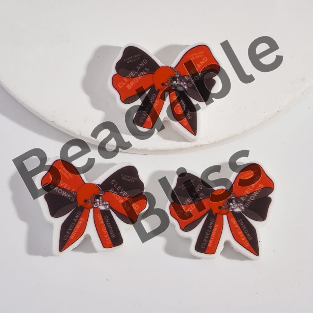 Silicone Focal Beads Bow Tie Shape with Cleveland Football Pattern