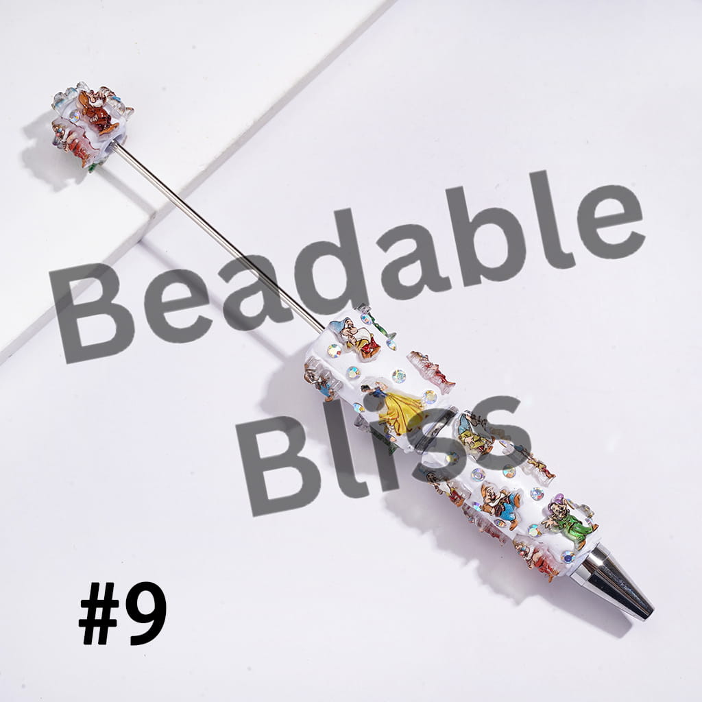 Beadable Clay Pens with White Snow Princess and Seven Gnome Elf Character, AB Rhinestones