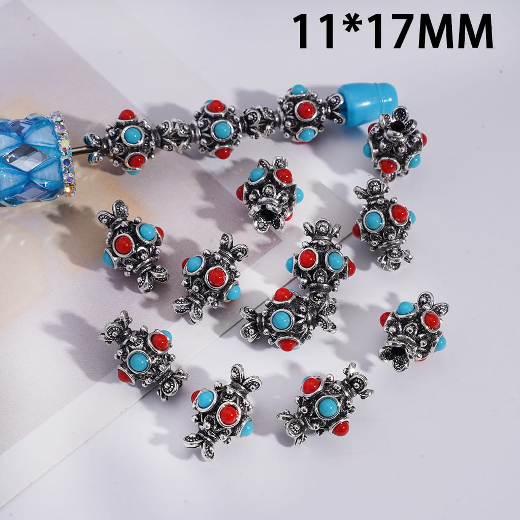 Fancy Alloy Beads with Teal and Red Half Side Beads in National Style, 11*17MM, Gun Black