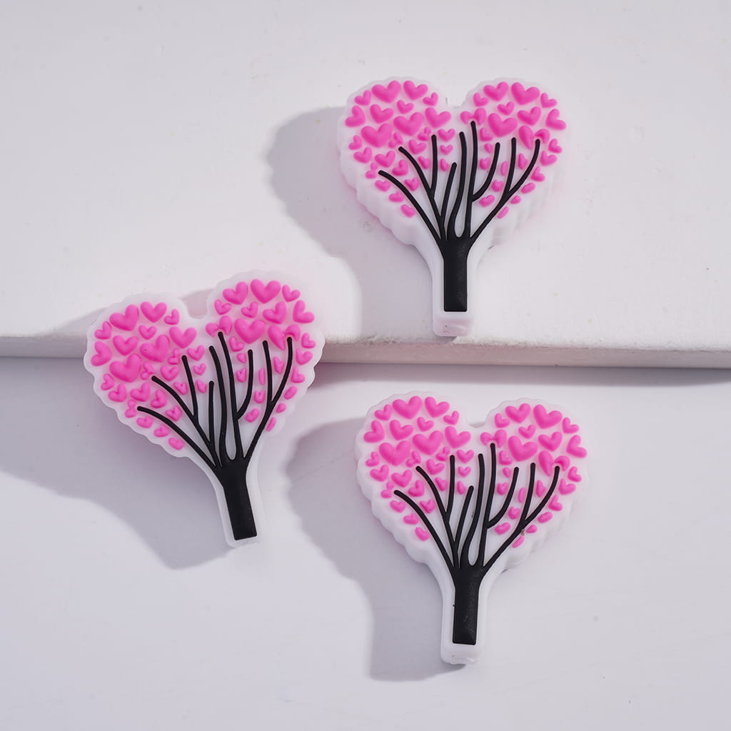 Silicone Focal Beads Red and Pink Heart Tree Valentine's Day Theme