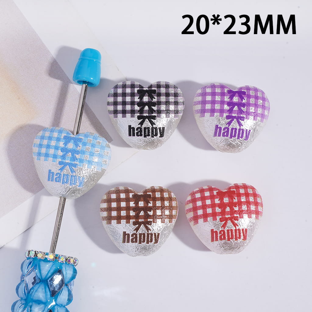 Acrylic Beads Heart Shape with Text "happy" and Checkered Bowtie Patterns, 20*23MM, Random Mix