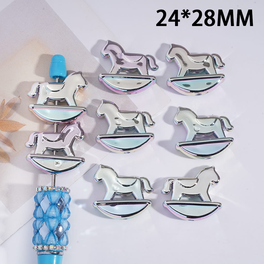 Metallic rocking horse charm with blue accents on a white background