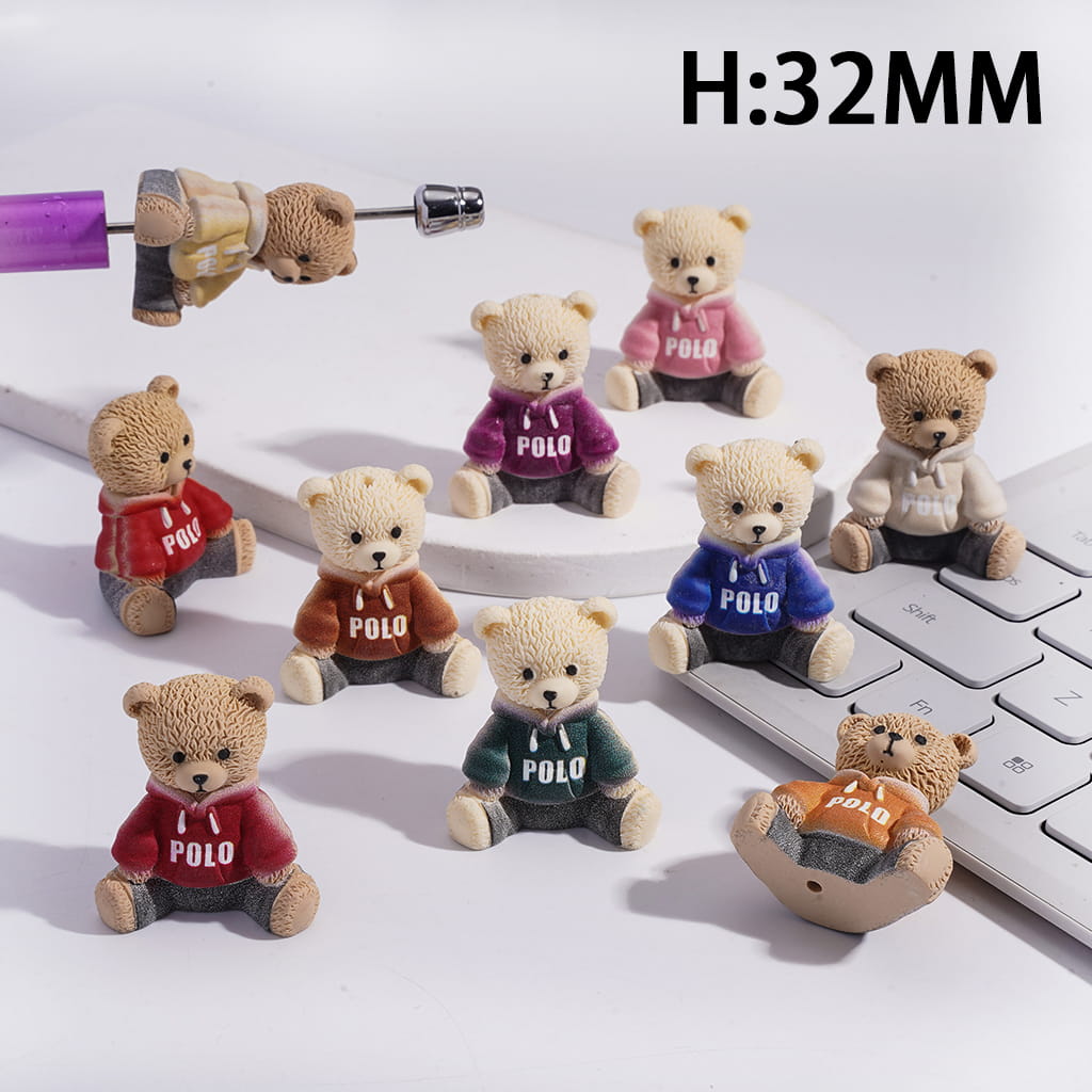 Acrylic Beads Lovely Bear Sitting with Leg Apart & Wearing Various Colors Sweatshirt, Height 32MM, Random Mix