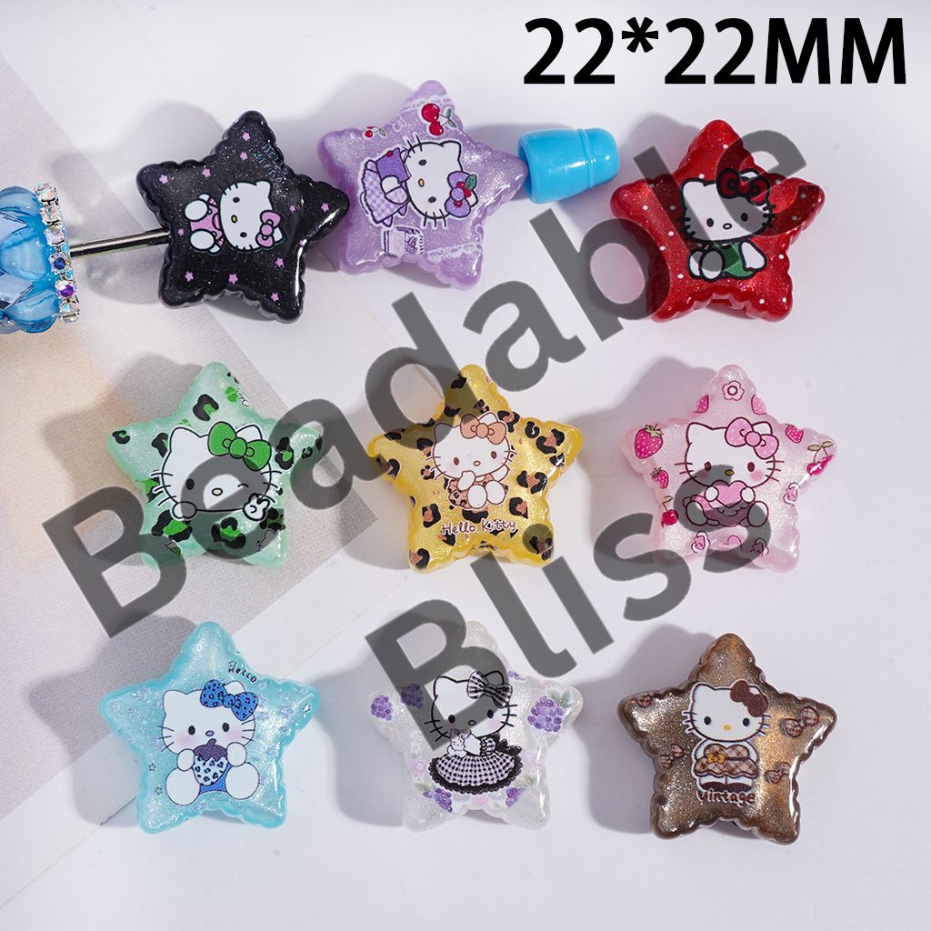 Acrylic Beads Cat Eye Style Five-Pointed Star with Cute Cat Character Prints, 22*22MM, Random Mix