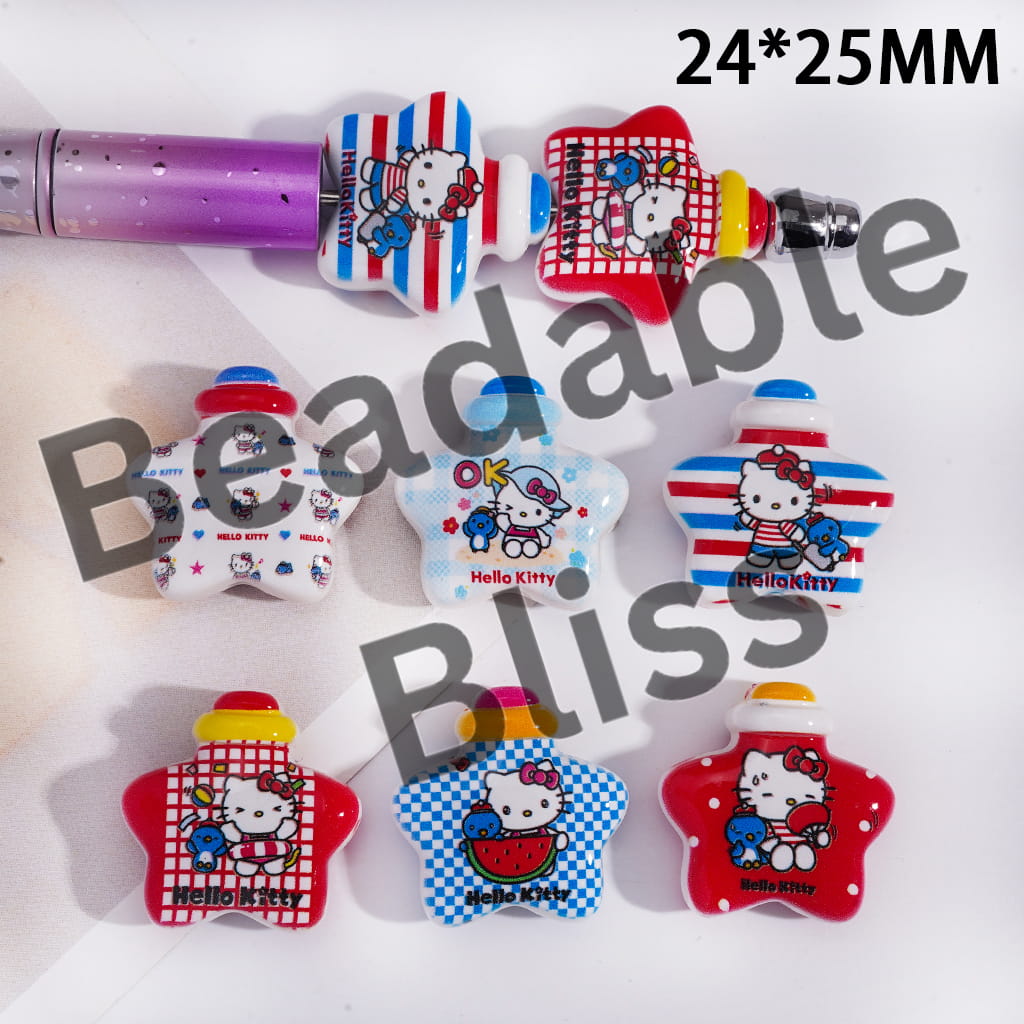 Hello Kitty-themed rubber bands on a white background with 'beadablebliss.com' branding.