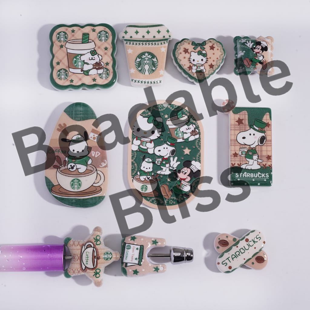 Collection of Starbucks-themed coasters and phone cases on a white background with 'Beagle Bliss' text overlay.