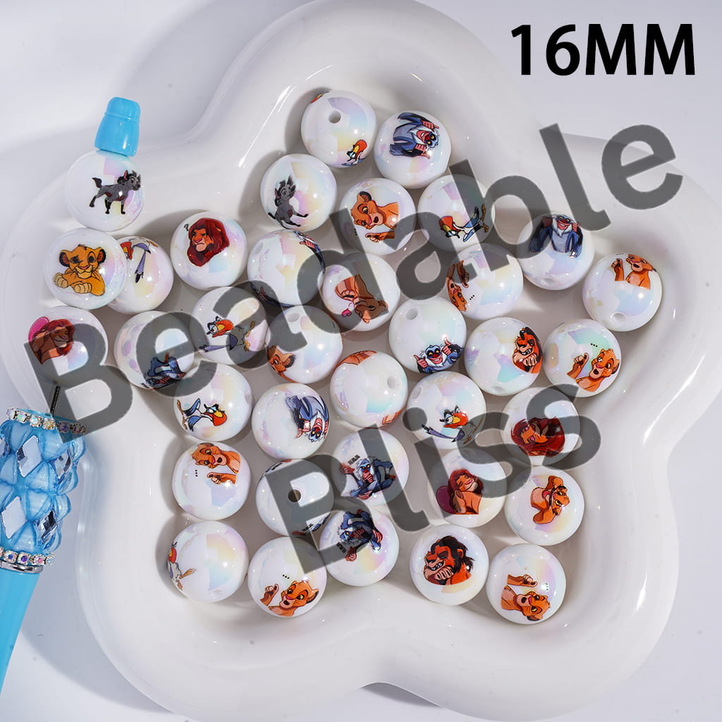 Acrylic Beads for Bracelets UV Coating Classic Lion Leader in Various Character Series, 16MM, Random Mix