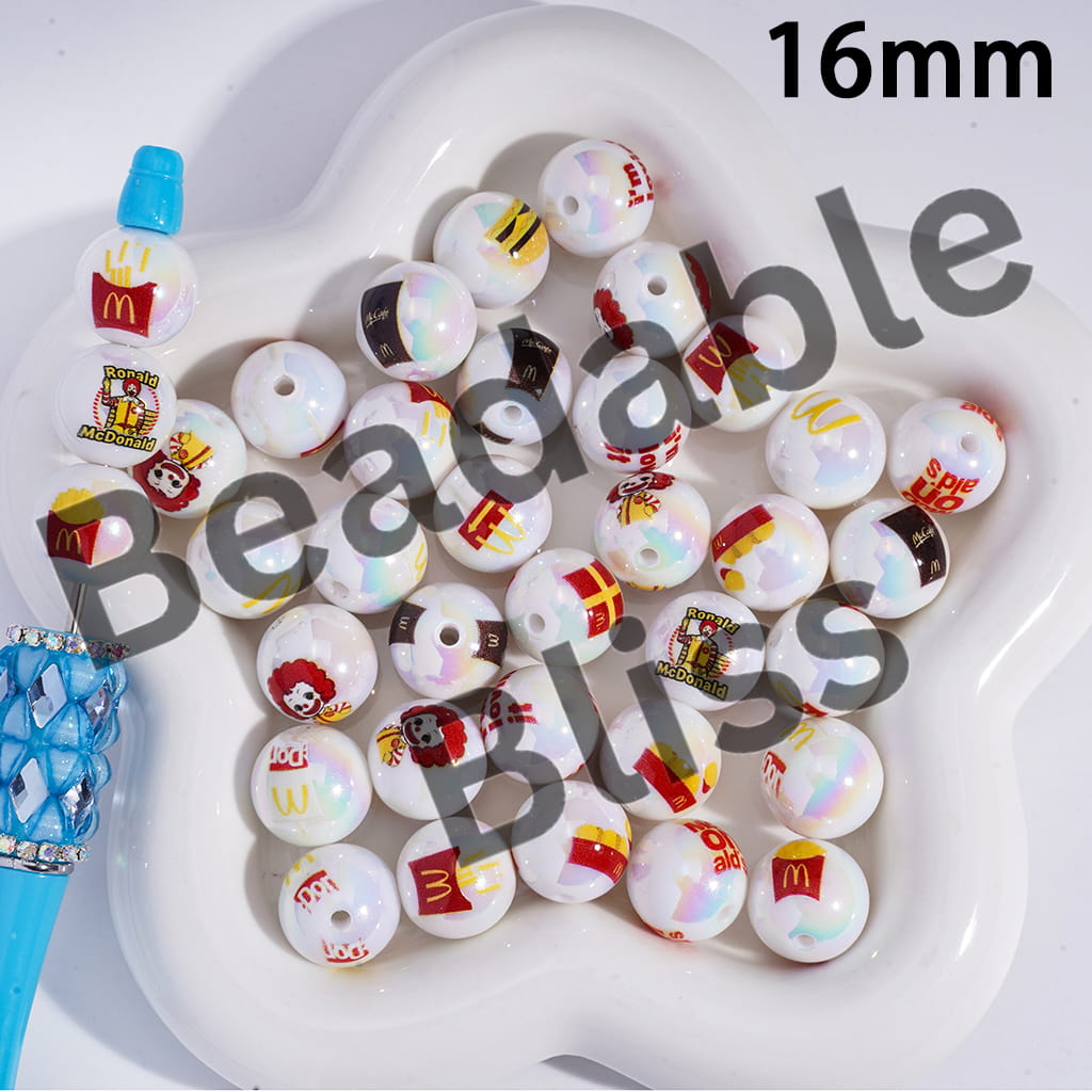 Acrylic Beads for Bracelets UV Coating with Clown Fast Food Series, 16MM, Random Mix