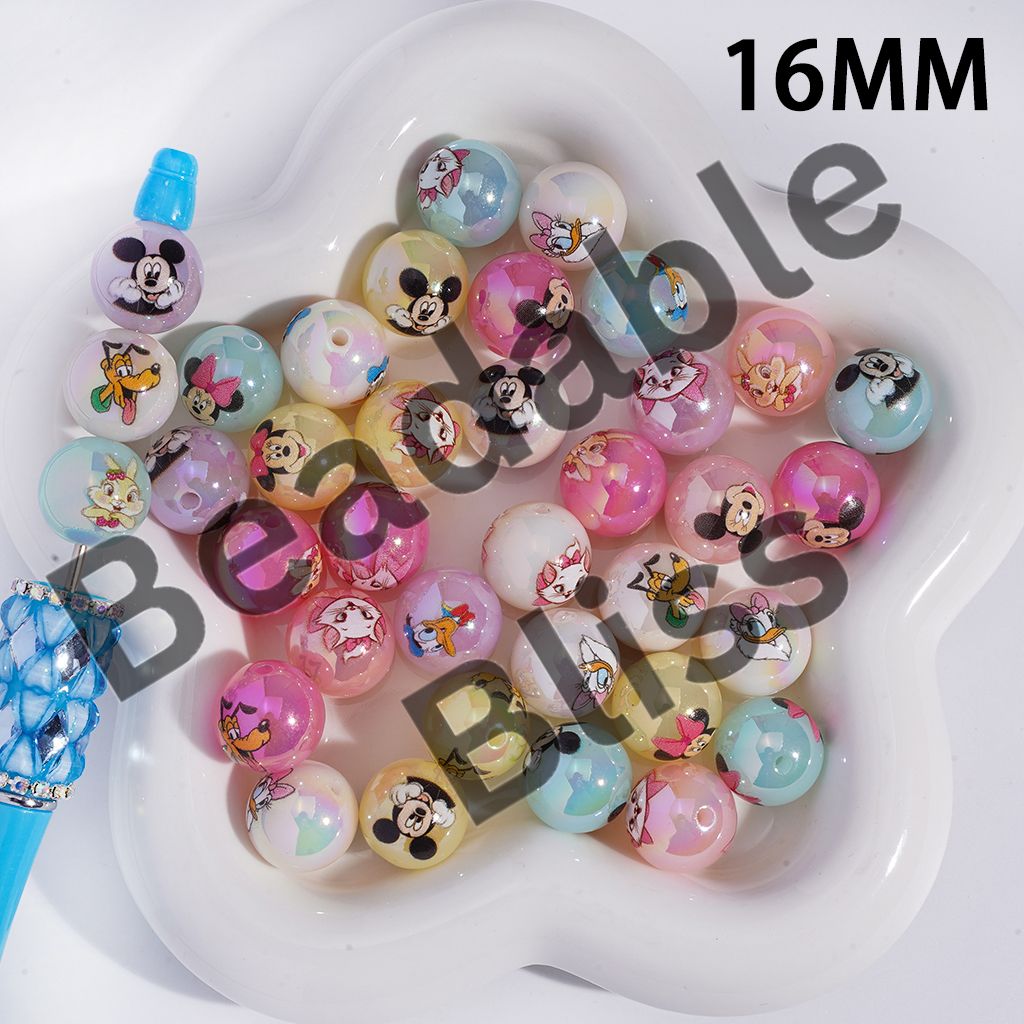 Acrylic Beads for Bracelets UV Coating with Classic Animation Animal Character, 16MM, Candy Color, Random Mix