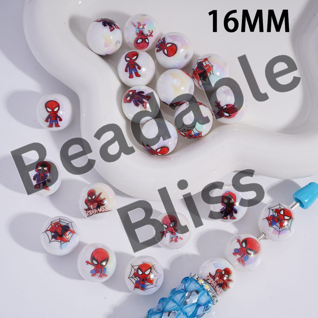 Acrylic Beads for Bracelets UV Coating with Web Hero Character Series, 16MM, Random Mix