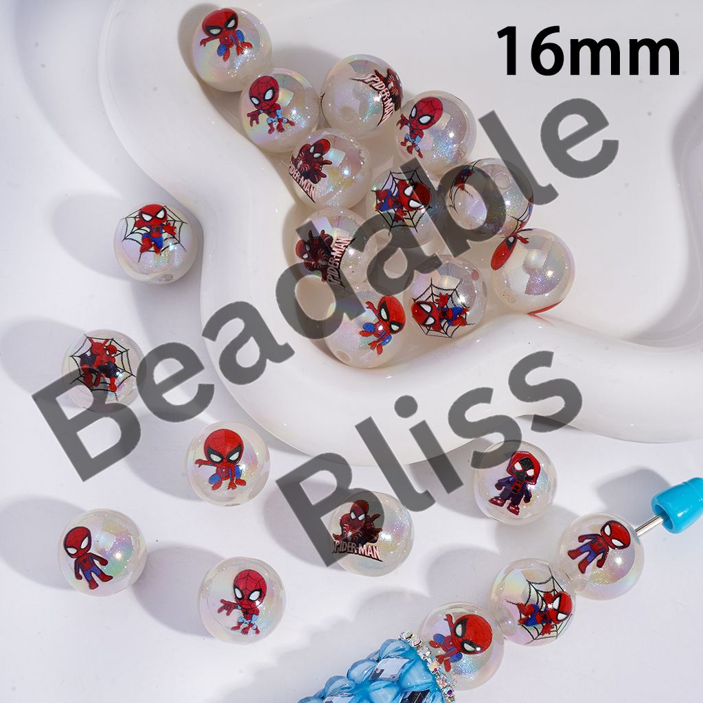 Acrylic Beads for Bracelets UV Coating with Web Hero Character Series and Glitter, 16MM, Random Mix