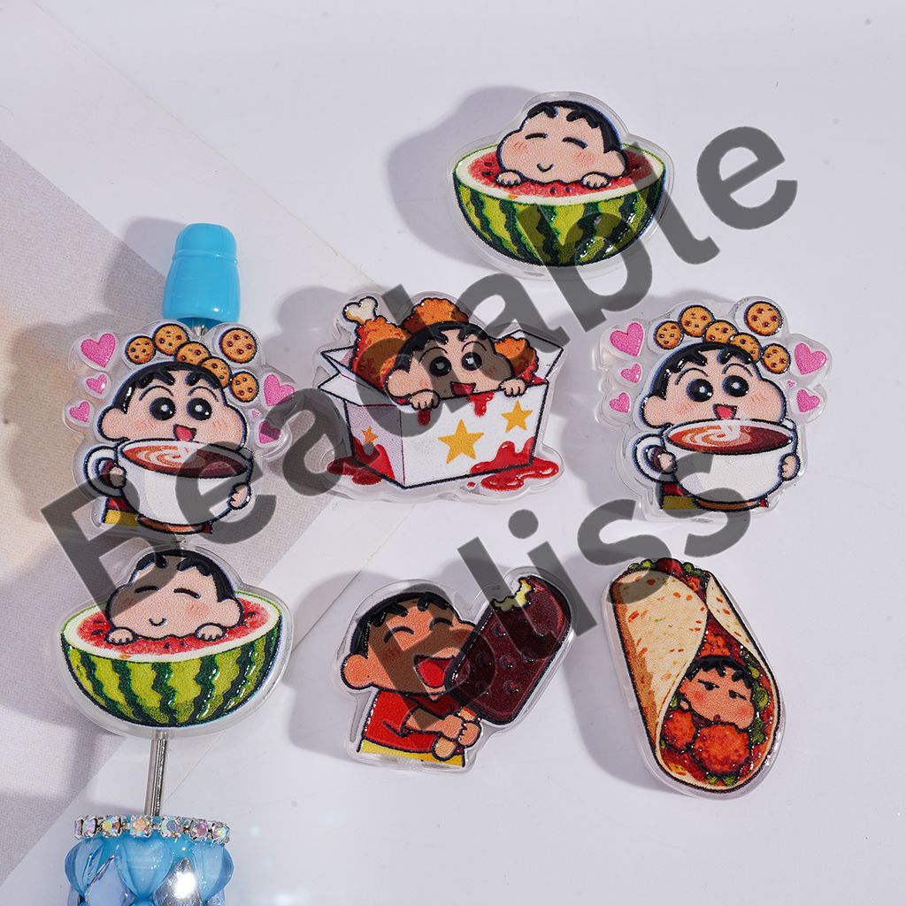 Acrylic Beads with Japanese Funny Boy Comic Character Food Theme, Translucence, Random Mix